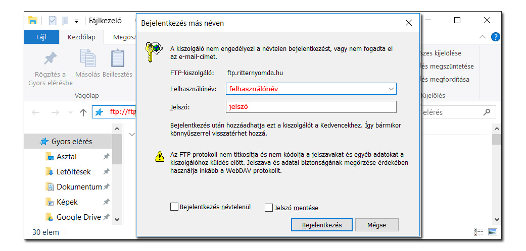 Fájlkezelő FTP kapcsolat 2. - felhasználónév, jelszó